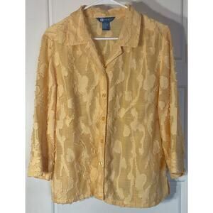 Koret Yellow Burn Out Floral Semi Sheer Long Sleeve Blouse M